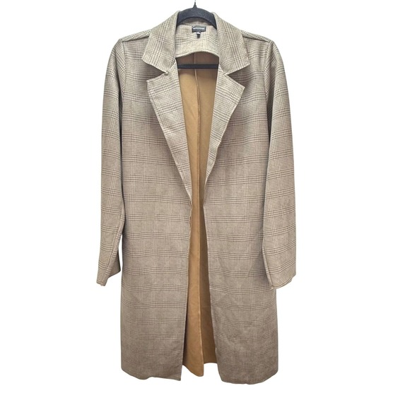Buckle Black Jackets & Blazers - BUCKLE BLACK Plaid Trench Flyaway Jacket Brown Faux Suede Raw Edge Pocket Size M